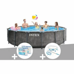 Kit Piscine Tubulaire Intex Baltik Ronde 4,57 X 1,22 M + 6 Cartouches De Filtration + Kit D'entretien - Gris
