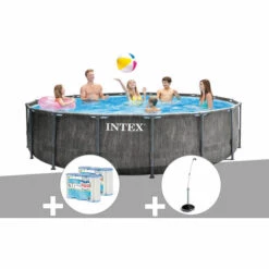 Kit Piscine Tubulaire Intex Baltik Ronde 4,57 X 1,22 M + 6 Cartouches De Filtration + Douche Solaire - Gris