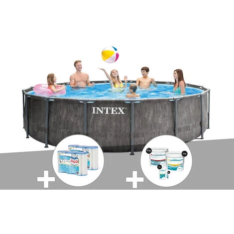 Kit Piscine Tubulaire Intex Baltik Ronde 4,57 X 1,22 M + 6 Cartouches De Filtration + Kit De Traitement Au Chlore - Gris