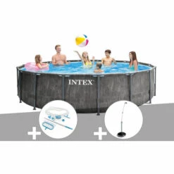 Kit Piscine Tubulaire Intex Baltik Ronde 4,57 X 1,22 M + Kit D'entretien + Douche Solaire - Gris