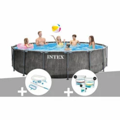 Kit Piscine Tubulaire Intex Baltik Ronde 4,57 X 1,22 M + Kit D'entretien + Kit De Traitement Au Chlore - Gris