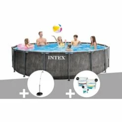 Kit Piscine Tubulaire Intex Baltik Ronde 4,57 X 1,22 M + Douche Solaire + Kit De Traitement Au Chlore - Gris