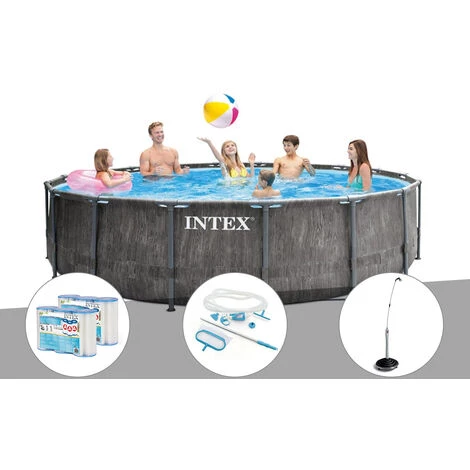 Kit Piscine Tubulaire Intex Baltik Ronde 4,57 X 1,22 M + 6 Cartouches De Filtration + Kit D'entretien + Douche Solaire - Gris