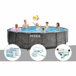 Kit Piscine Tubulaire Intex Baltik Ronde 4,57 X 1,22 M + 6 Cartouches De Filtration + Kit D'entretien + Kit De Traitement Au Chlore - Gris