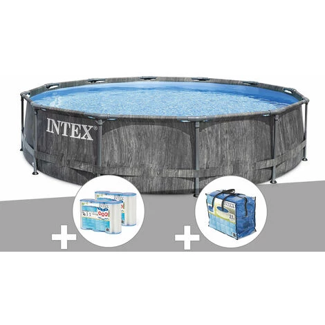 Kit Piscine Tubulaire Intex Baltik Ronde 5,49 X 1,22 M + 6 Cartouches De Filtration + Bâche à Bulles - Gris