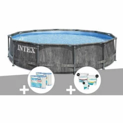 Kit Piscine Tubulaire Intex Baltik Ronde 5,49 X 1,22 M + 6 Cartouches De Filtration + Kit De Traitement Au Chlore - Gris