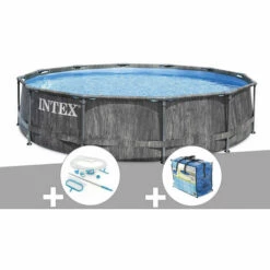 Kit Piscine Tubulaire Intex Baltik Ronde 5,49 X 1,22 M + Kit D'entretien + Bâche à Bulles - Gris
