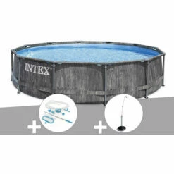 Kit Piscine Tubulaire Intex Baltik Ronde 5,49 X 1,22 M + Kit D'entretien + Douche Solaire - Gris