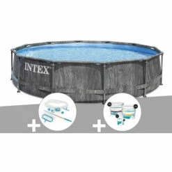 Kit Piscine Tubulaire Intex Baltik Ronde 5,49 X 1,22 M + Kit D'entretien + Kit De Traitement Au Chlore - Gris