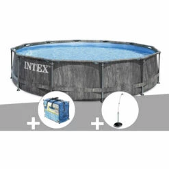 Kit Piscine Tubulaire Intex Baltik Ronde 5,49 X 1,22 M + Bâche à Bulles + Douche Solaire - Gris