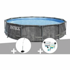 Kit Piscine Tubulaire Intex Baltik Ronde 5,49 X 1,22 M + Douche Solaire + Kit De Traitement Au Chlore - Gris