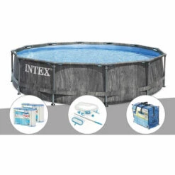 Kit Piscine Tubulaire Intex Baltik Ronde 5,49 X 1,22 M + 6 Cartouches De Filtration + Kit D'entretien + Bâche à Bulles - Gris
