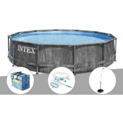 Kit Piscine Tubulaire Intex Baltik Ronde 5,49 X 1,22 M + Kit D'entretien + Bâche à Bulles + Douche Solaire - Gris