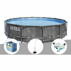 Kit Piscine Tubulaire Intex Baltik Ronde 5,49 X 1,22 M + Bâche à Bulles + Douche Solaire + Kit De Traitement Au Chlore - Gris