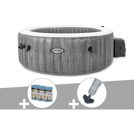 Kit Spa Gonflable Intex PureSpa Baltik Rond Bulles 4 Places + 6 Filtres + Aspirateur - Gris