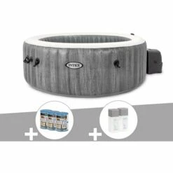 Kit Spa Gonflable Intex PureSpa Baltik Rond Bulles 4 Places + 6 Filtres + Kit Traitement Brome - Gris