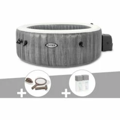 Kit Spa Gonflable Intex PureSpa Baltik Rond Bulles 4 Places + Kit D'entretien + Kit Traitement Brome - Gris