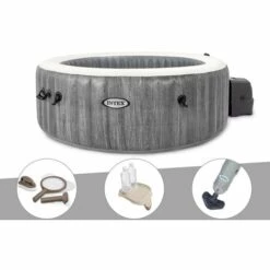 Kit Spa Gonflable Intex PureSpa Baltik Rond Bulles 4 Places + Kit D'entretien + Porte-verre + Aspirateur - Gris