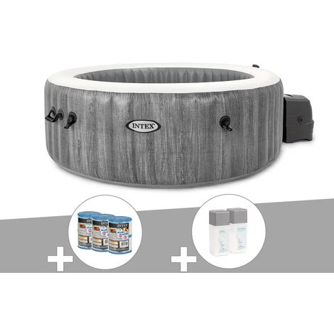 Kit Spa Gonflable Intex PureSpa Baltik Rond Bulles 6 Places + 6 Filtres + Kit Traitement Brome - Gris