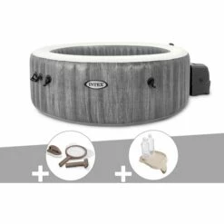 Kit Spa Gonflable Intex PureSpa Baltik Rond Bulles 6 Places + Kit D'entretien + Porte-verre - Gris