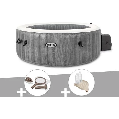 Kit Spa Gonflable Intex PureSpa Baltik Rond Bulles 6 Places + Kit D'entretien + Porte-verre - Gris