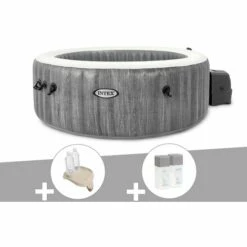 Kit Spa Gonflable Intex PureSpa Baltik Rond Bulles 6 Places + Porte-verre + Kit Traitement Brome - Gris