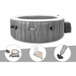 Kit Spa Gonflable Intex PureSpa Baltik Rond Bulles 6 Places + Kit D'entretien + Porte-verre + Aspirateur - Gris