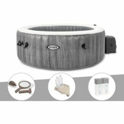 Kit Spa Gonflable Intex PureSpa Baltik Rond Bulles 6 Places + Kit D'entretien + Porte-verre + Kit Traitement Brome - Gris