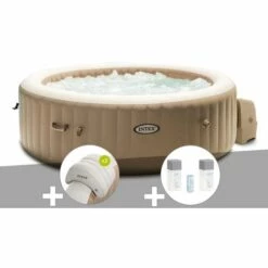 Kit Spa Gonflable Intex PureSpa Sahara Rond Bulles 4 Places + 2 Appuie-têtes + Kit Traitement Brome - Beige