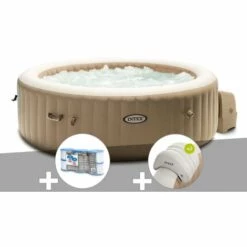 Kit Spa Gonflable Intex PureSpa Sahara Rond Bulles 4 Places + 6 Filtres + 2 Appuie-têtes - Beige