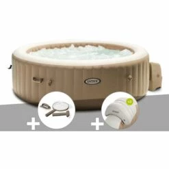 Kit Spa Gonflable Intex PureSpa Sahara Rond Bulles 4 Places + Kit D'entretien + 2 Appuie-têtes - Beige