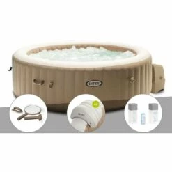 Kit Spa Gonflable Intex PureSpa Sahara Rond Bulles 4 Places + Kit D'entretien + 2 Appuie-têtes + Kit Traitement Brome - Beige
