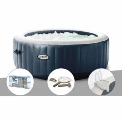 Kit Spa Gonflable Intex PureSpa Blue Navy Rond Bulles 4 Places + 6 Filtres + Kit D'entretien + Porte-verre - Bleunuit