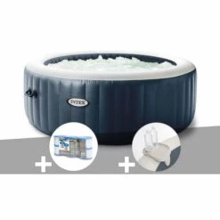 Kit Spa Gonflable Intex PureSpa Blue Navy Rond Bulles 4 Places + 6 Filtres + Porte-verre - Bleunuit