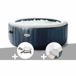 Kit Spa Gonflable Intex PureSpa Blue Navy Rond Bulles 4 Places + Kit D'entretien + Porte-verre - Bleunuit