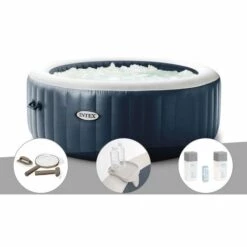 Kit Spa Gonflable Intex PureSpa Blue Navy Rond Bulles 4 Places + Kit D'entretien + Porte-verre + Kit Traitement Brome - Bleunuit