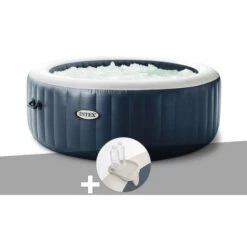 Kit Spa Gonflable Intex PureSpa Blue Navy Rond Bulles 4 Places + Porte-verre - Bleunuit