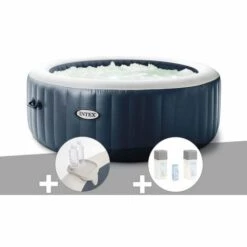 Kit Spa Gonflable Intex PureSpa Blue Navy Rond Bulles 4 Places + Porte-verre + Kit Traitement Brome - Bleunuit