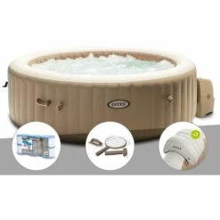 Kit Spa Gonflable Intex PureSpa Sahara Rond Bulles 6 Places + 6 Filtres + Kit D'entretien + 2 Appuie-têtes - Beige