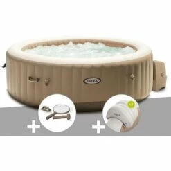 Kit Spa Gonflable Intex PureSpa Sahara Rond Bulles 6 Places + Kit D'entretien + 2 Appuie-têtes - Beige