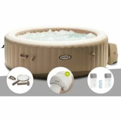 Kit Spa Gonflable Intex PureSpa Sahara Rond Bulles 6 Places + Kit D'entretien + 2 Appuie-têtes + Kit Traitement Brome - Beige