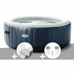 Kit Spa Gonflable Intex PureSpa Blue Navy Rond Bulles 6 Places + Porte-verre + Kit Traitement Brome - Bleunuit