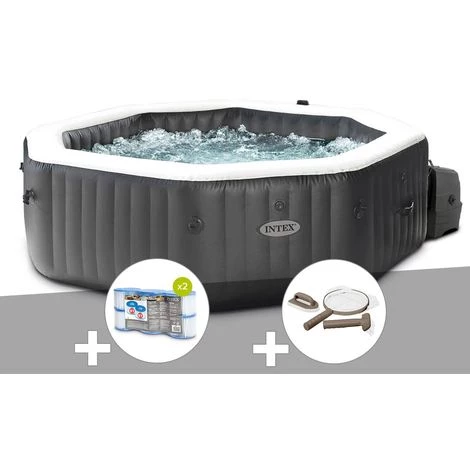 Kit Spa Gonflable Intex PureSpa Carbone Octogonal Bulles Et Jets 4 Places + 12 Filtres + Kit D'entretien - Noir