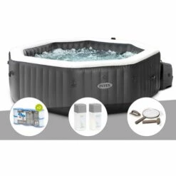 Kit Spa Gonflable Intex PureSpa Carbone Octogonal Bulles Et Jets 4 Places + 12 Filtres + Kit Traitement Brome + Kit D'entretien - Noir