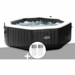 Kit Spa Gonflable Intex PureSpa Carbone Octogonal Bulles Et Jets 6 Places + Kit Traitement Brome - Noir