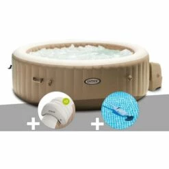 Kit Spa Gonflable Intex PureSpa Sahara Rond Bulles 4 Places + 2 Appuie-têtes + Aspirateur - Beige