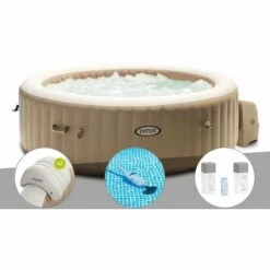 Kit Spa Gonflable Intex PureSpa Sahara Rond Bulles 4 Places + 2 Appuie-têtes + Aspirateur + Kit Traitement Brome - Beige