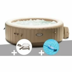 Kit Spa Gonflable Intex PureSpa Sahara Rond Bulles 4 Places + Kit D'entretien + Aspirateur - Beige