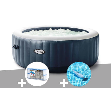 Kit Spa Gonflable Intex PureSpa Blue Navy Rond Bulles 4 Places + 6 Filtres + Aspirateur - Bleunuit