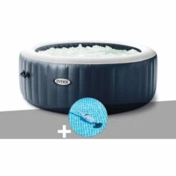Kit Spa Gonflable Intex PureSpa Blue Navy Rond Bulles 4 Places + Aspirateur - Bleunuit